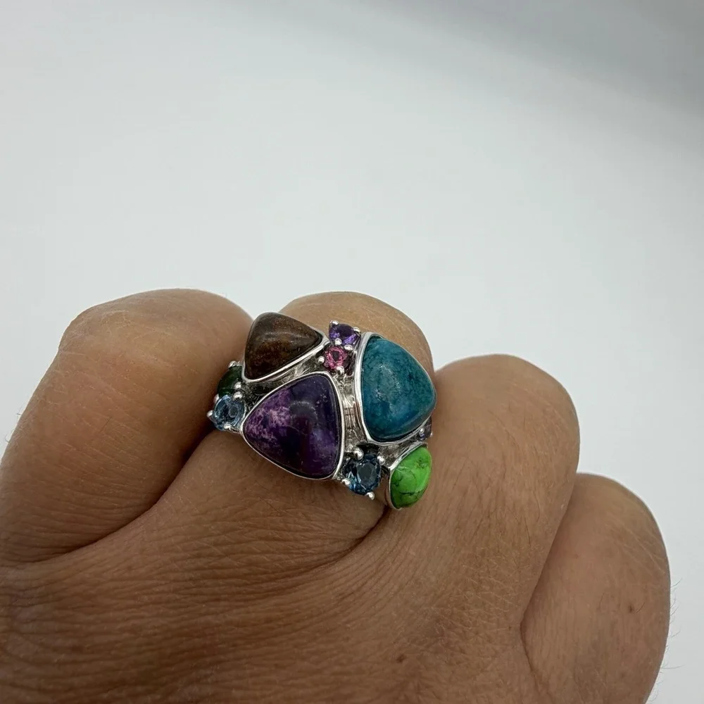 Vtg Lorenzo Sterling Silver Multi Gemstone Ring Turquoise Chrome Diopside QVC S7